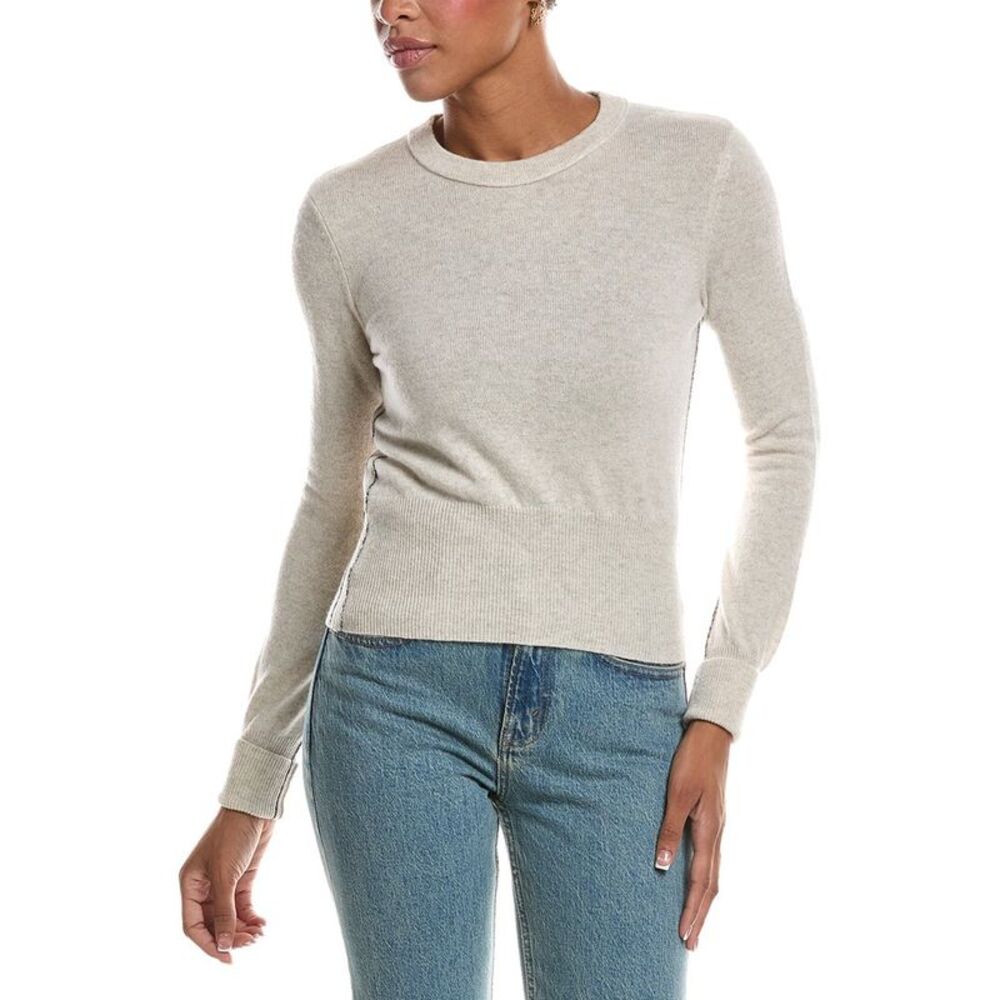 Autumn Cashmere Womens  Contrast Side Seam Crewneck 100% Cashmere Sweater, Black